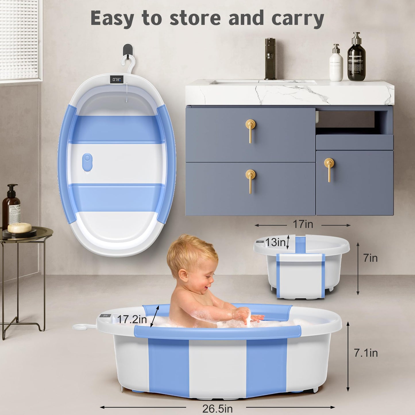 Collapsible Baby Bathtub with Thermometer Portable Large Tub