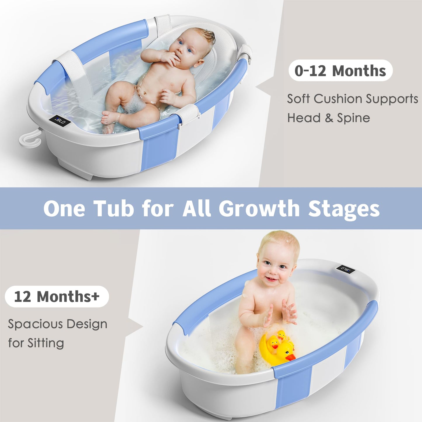 Collapsible Baby Bathtub with Thermometer Portable Large Tub
